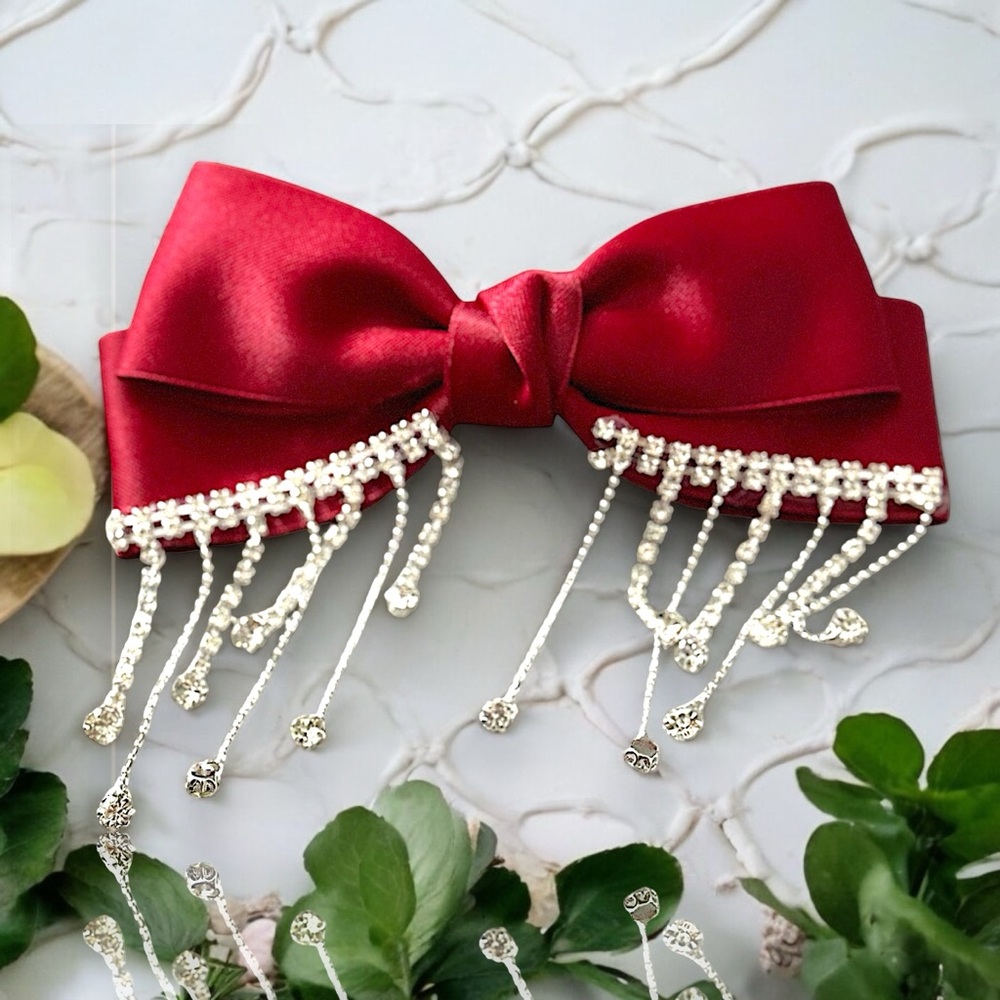 Rhinestone Dangle Hair Bow Clip Holiday Christmas Stocking - Red Black or Ivory - Picture 5 of 7